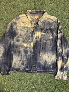 Trevero Distressed Blue Denim Jacket with Faded Yellow Accents Size XL